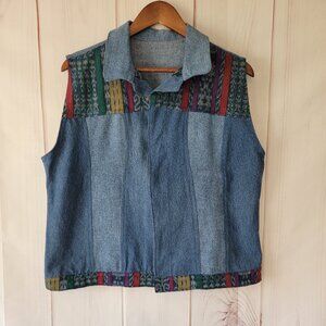 Vintage Guatemalan Denim Shacket Vest, Women’s L, 90’s Patchwork Denim Design